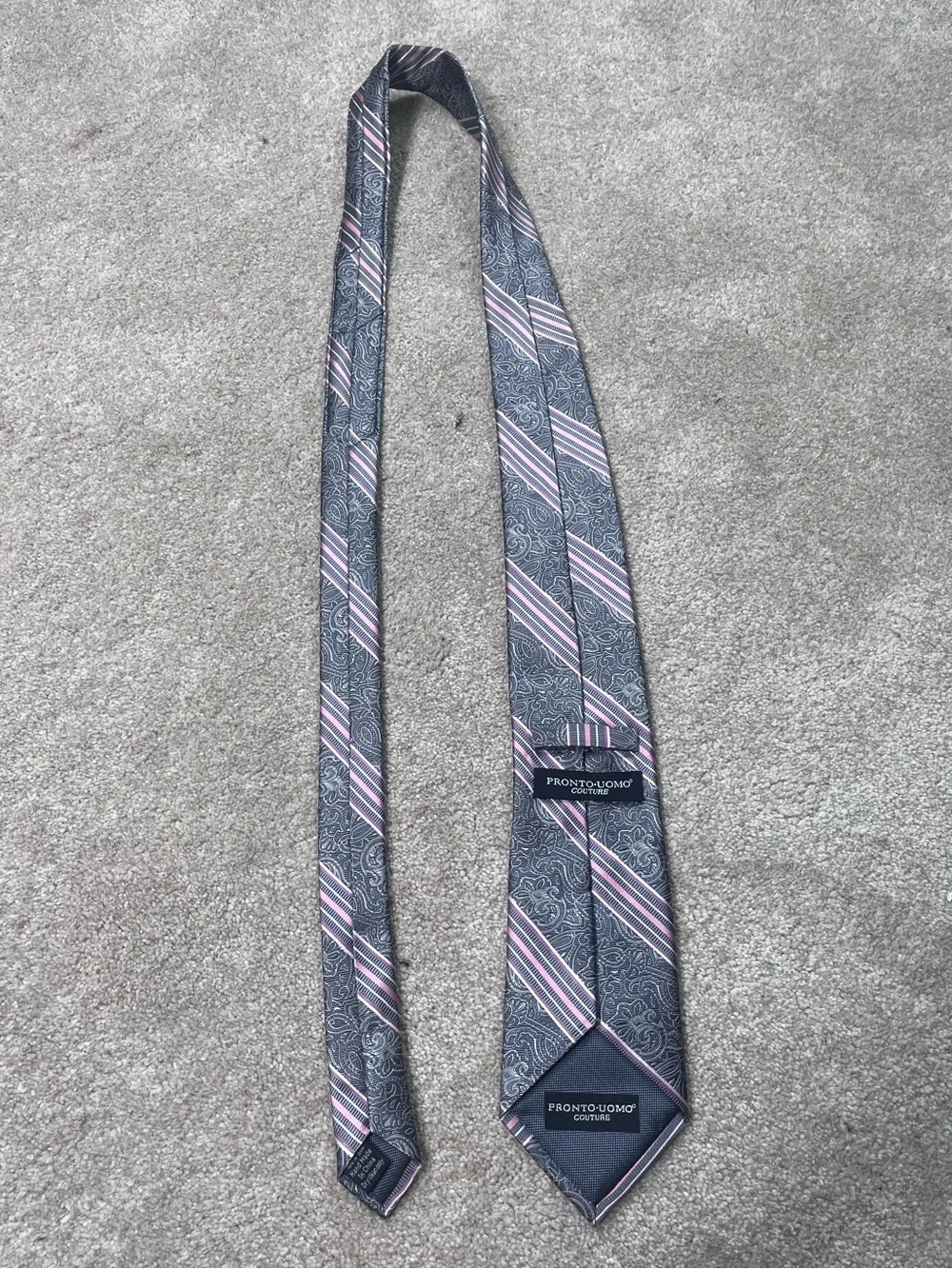 Pronto Uomo Classic Men's Paisley Stripe Tie in Navy and Pink
